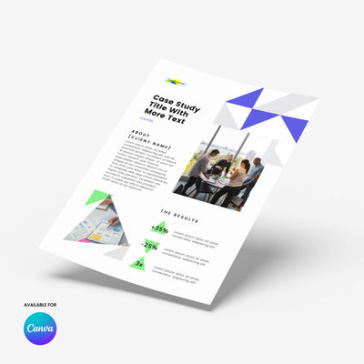The Brand Store by More By Us offers the Case Study Template for Canva - Forma 40 Collection, a one-page editable layout with geometric shapes, meeting group photo, headlines, stats, and "Available For Canva" logo at the bottom left.