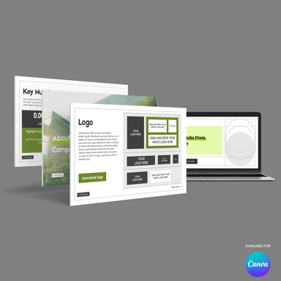 Three slides from the Green Media Press Kit Template for Canva – Forma 20 Collection by More By Us | The Brand Store are shown in front of an open laptop, featuring green and white accents, text boxes, image placeholders, and a Canva logo.