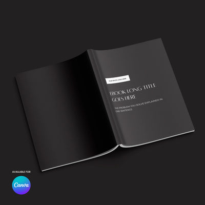 The eBook Template for Canva – Monochrome Edition Forma 60 Collection by More By Us | The Brand Store is shown as a black hardcover mockup on a black background with minimal design, title/subtitle placeholders, and an Available for Canva badge.