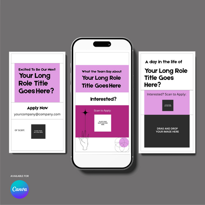 The Pink Hiring Social Media Story Templates for Canva – Forma 20 Collection by More By Us | The Brand Store features bold pink story templates with space for a job title, “Apply Now” button, QR code, and includes a mobile mockup.