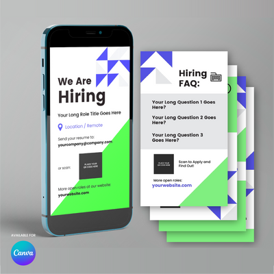 The Forma 40 Collection’s Hiring Social Media Story Templates for Canva display “We Are Hiring” announcements and FAQs on a smartphone and flyer cards, all in green and blue—perfect recruitment campaign tools.