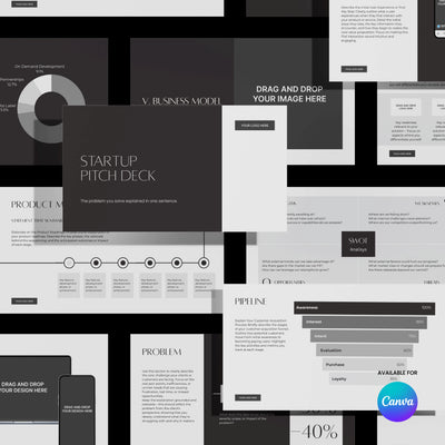 The Forma 60 Collection by More By Us is a minimal Startup Pitch Deck Template for Canva, perfect for fashion and premium brands, featuring charts, graphs, text boxes, and sections like Product Market and Pipeline.
