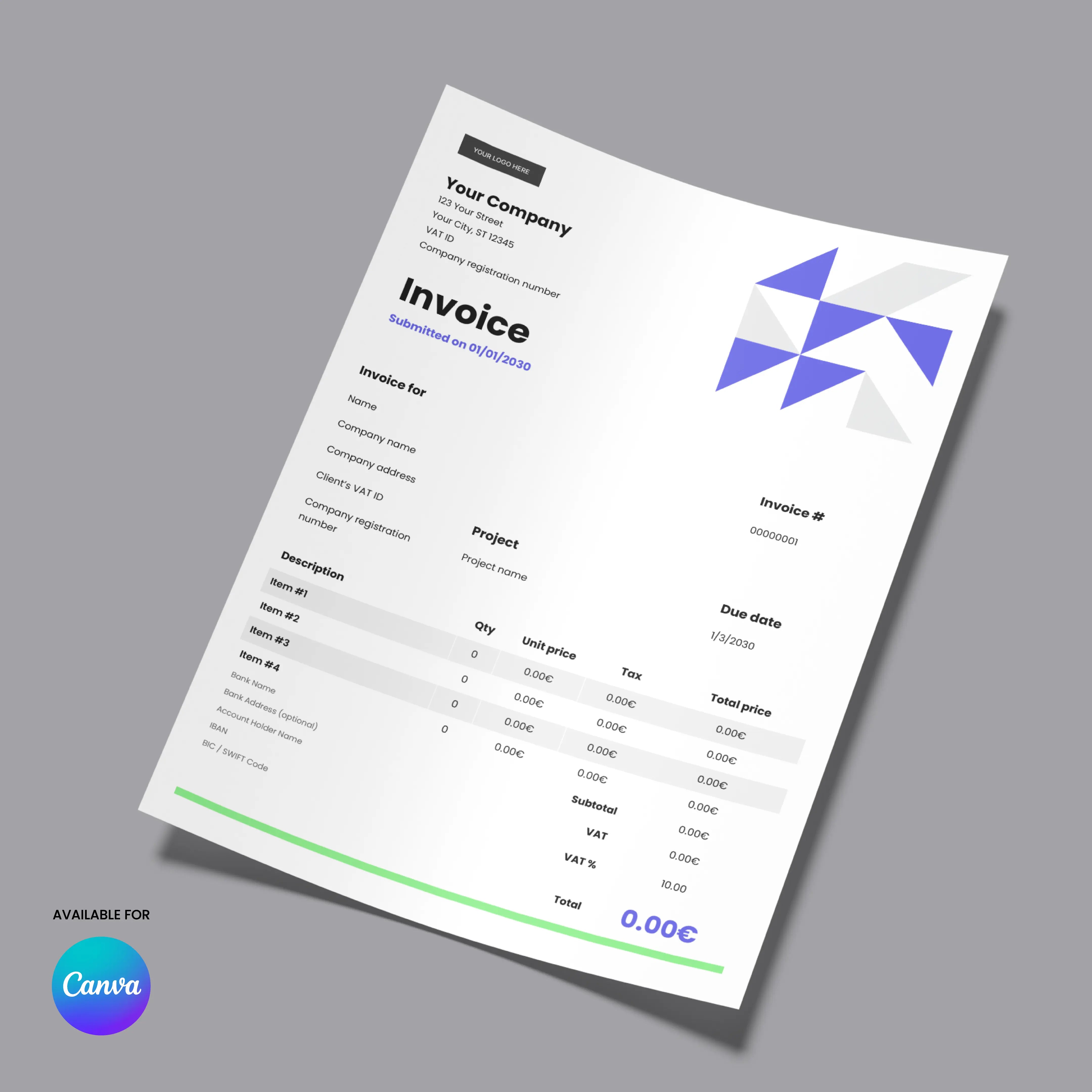 A professional invoice using the Invoice Template - Forma 40 Edition | Editable Canva Template (US & EU Format), with geometric blue and purple shapes, itemized charges, totals (€0.00 due), company details, and a Canva logo at the bottom left.