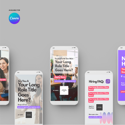 Five smartphones display the Hiring Social Media Story Templates for Canva - Forma 10 Collection against a light gray background, featuring text fields, QR codes, images, and the Canva logo in the top left corner—ideal for recruitment campaigns.