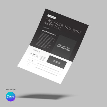 The Case Study Template for Canva – Forma 60 Collection features dark and light gray sections, space for title, subtitle, images, stats, descriptions, placeholder text, and a Canva logo at bottom left on a gray background.