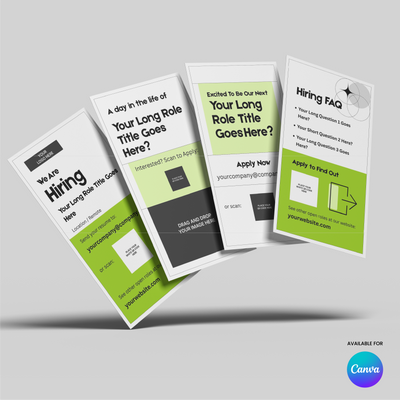 Four staggered hiring flyers from the Green Hiring Social Media Story Templates for Canva - Forma 20 Collection feature black, white, and green sections with job titles, application info, QR codes, and the Canva logo in the bottom right.
