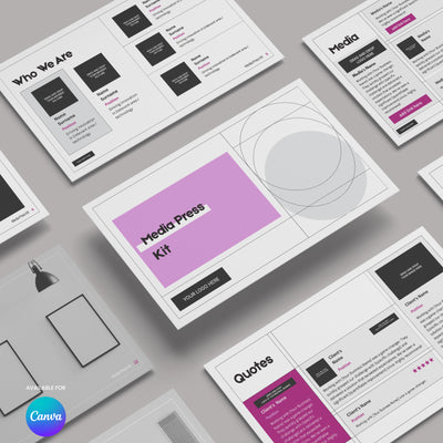 The Media Press Kit Template for Canva - Forma 20 Collection by More By Us | The Brand Store features editable pages like Who We Are, Quotes, and Media Press Kit with black, white, and pink accents on a gray background.
