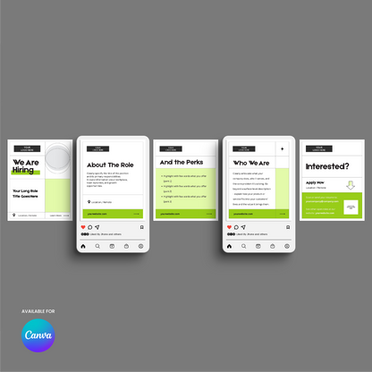 The Hiring Social Media Carousel Template for Canva - Forma 40 Collection features five digital card mockups in white and green on a gray background, covering hiring details, perks, and more, with a Canva logo in the bottom left corner.