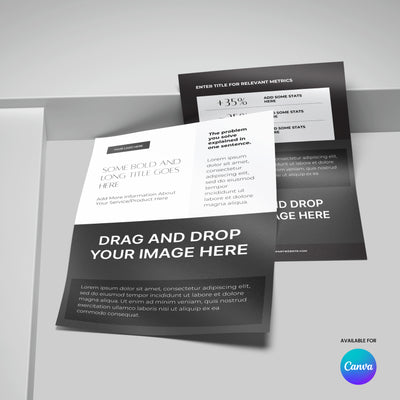 The Flyer Template for Canva - Forma 60 Collection by More By Us | The Brand Store features black and white minimal flyer templates with image and metric sections, displayed on a gray surface. Canva logo included, ideal for Canva users.