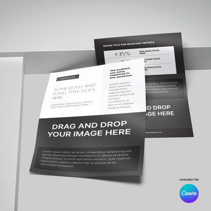 The Flyer Template for Canva - Forma 60 Collection features two overlapping grayscale business flyer designs with title, metrics, main text, image placeholder sections, and a Canva logo at the bottom right. Easily editable in Canva.