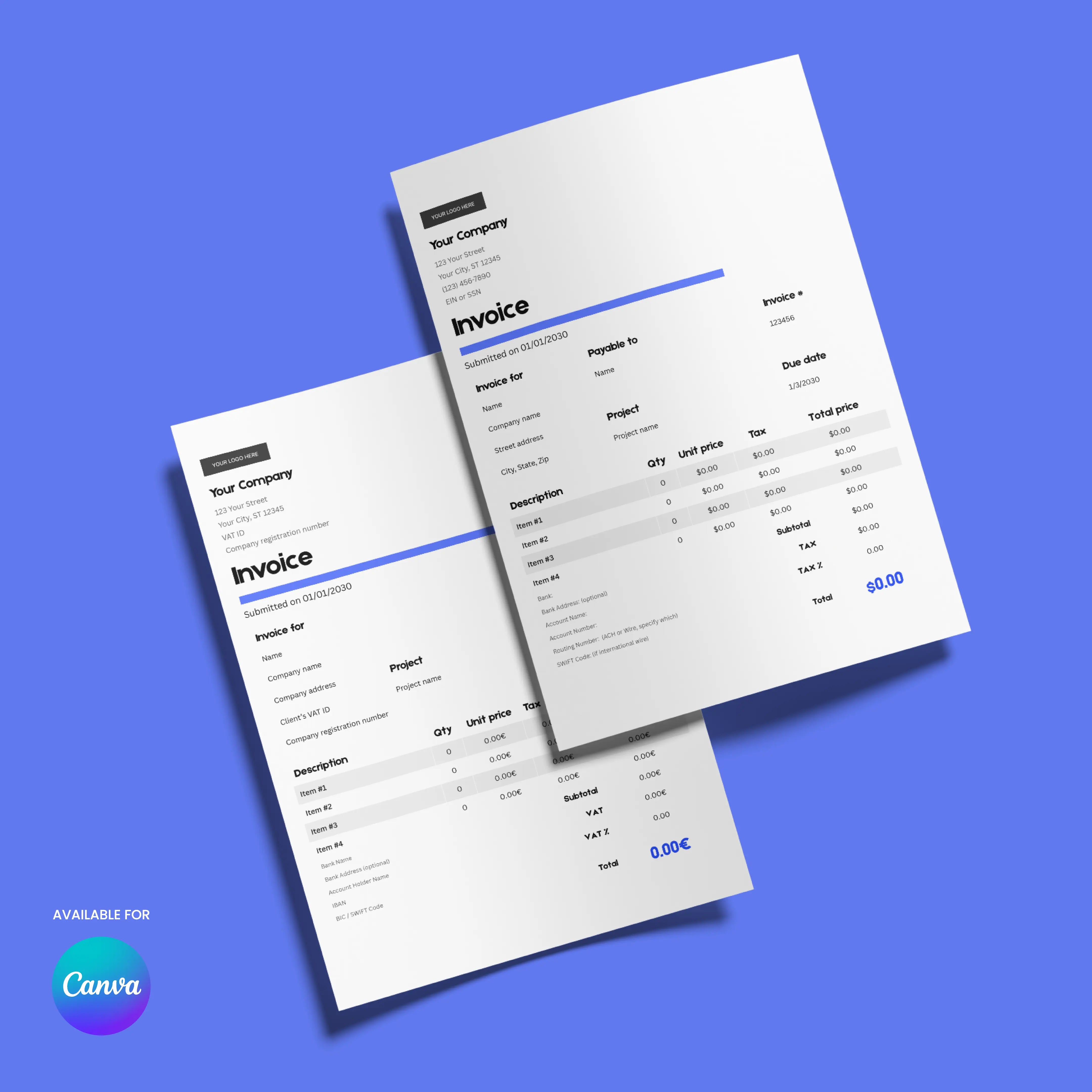 Two minimalist invoices from the Invoice Template - Forma 20 Collection (US & EU formats) are angled on a blue background. Editable in Canva, they feature tables for item, quantity, price, totals, and display the Canva logo bottom left.