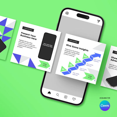 A smartphone displays the "Social Media Carousel Template - Forma 40 Collection" by More By Us | The Brand Store on a green background, showing geometric Canva slides with text, icons, and image spaces. The Canva logo is at the bottom right.
