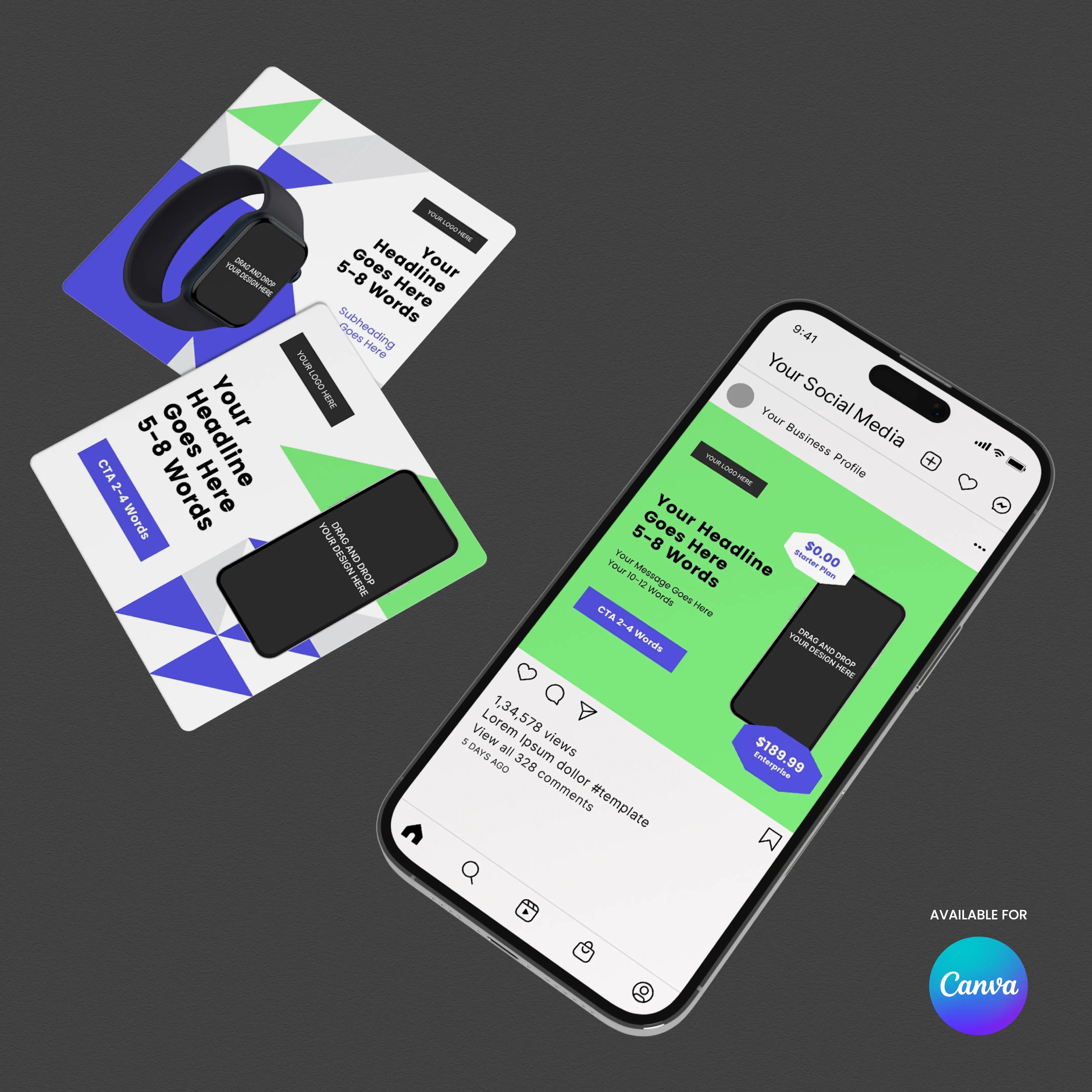 A smartphone displays a social post featuring the Forma 40 Collection: bold, geometric Canva ad templates for startups, alongside matching printed cards and a black smartwatch on a dark gray backdrop. Canva templates logo is visible in the corner.