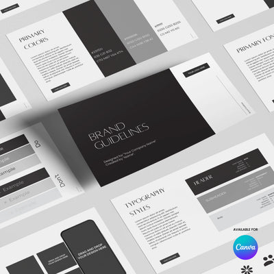 The Forma 60 Collection Brand Guidelines Template for Canva by More By Us | The Brand Store is shown, with editable sections for colors, typography, headers, and design samples. The Canva logo indicates easy access to these luxury brand book templates.