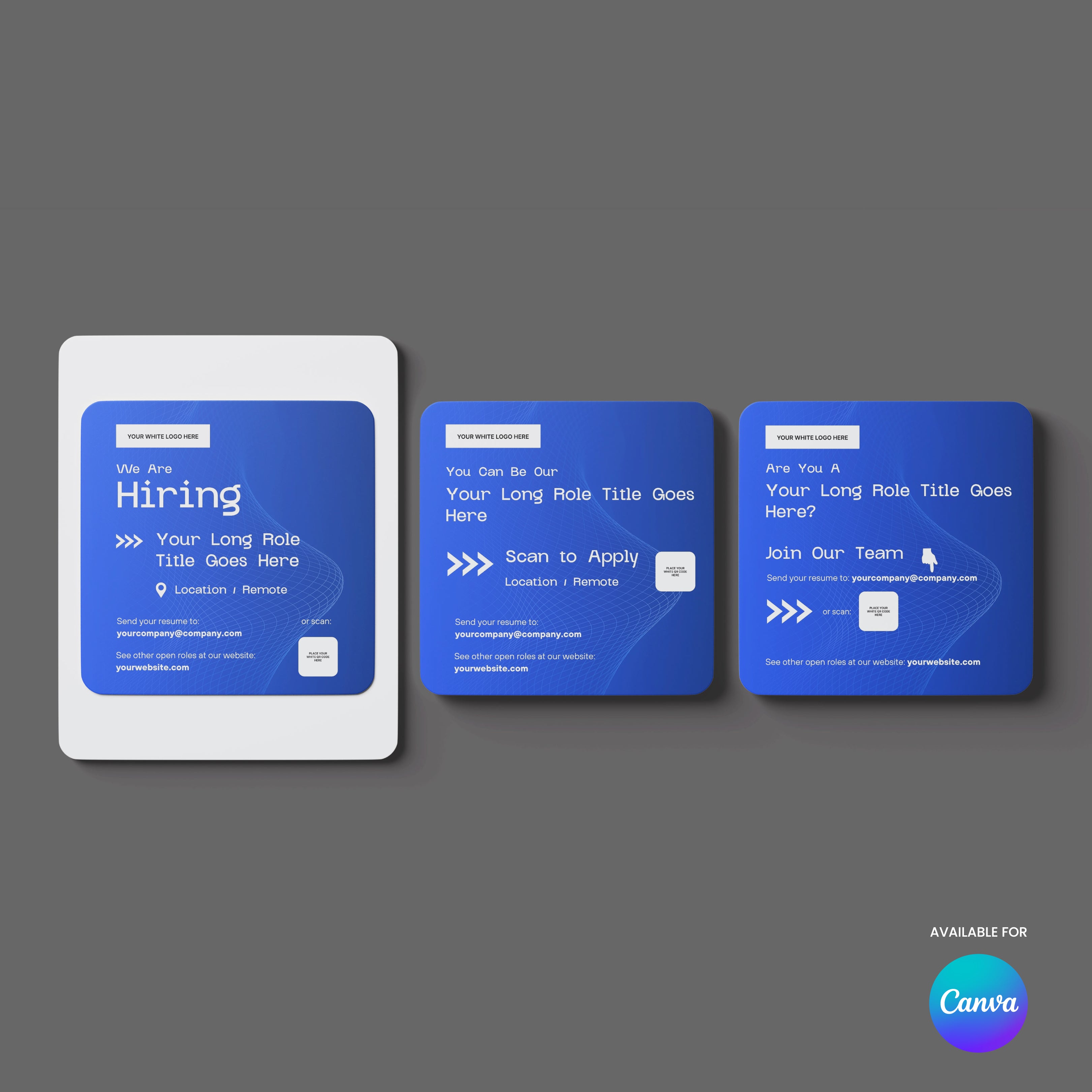 Promote job openings with the Social Media Hiring Ad Templates for Canva – Forma 30 Collection. Features three blue cards with white text on gray, space for role, location, CTA buttons, and includes Canva branding and “Available for Canva” in the corner.