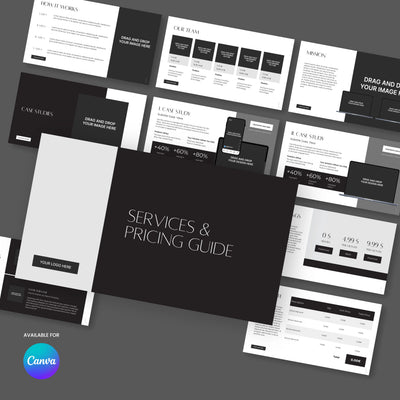 The Proposal Deck Template for Canva – Forma 60 Collection by More By Us | The Brand Store is a fully editable services and pricing guide, featuring team info, case studies, mission statement, and pricing tables—perfect for consultants and creatives.