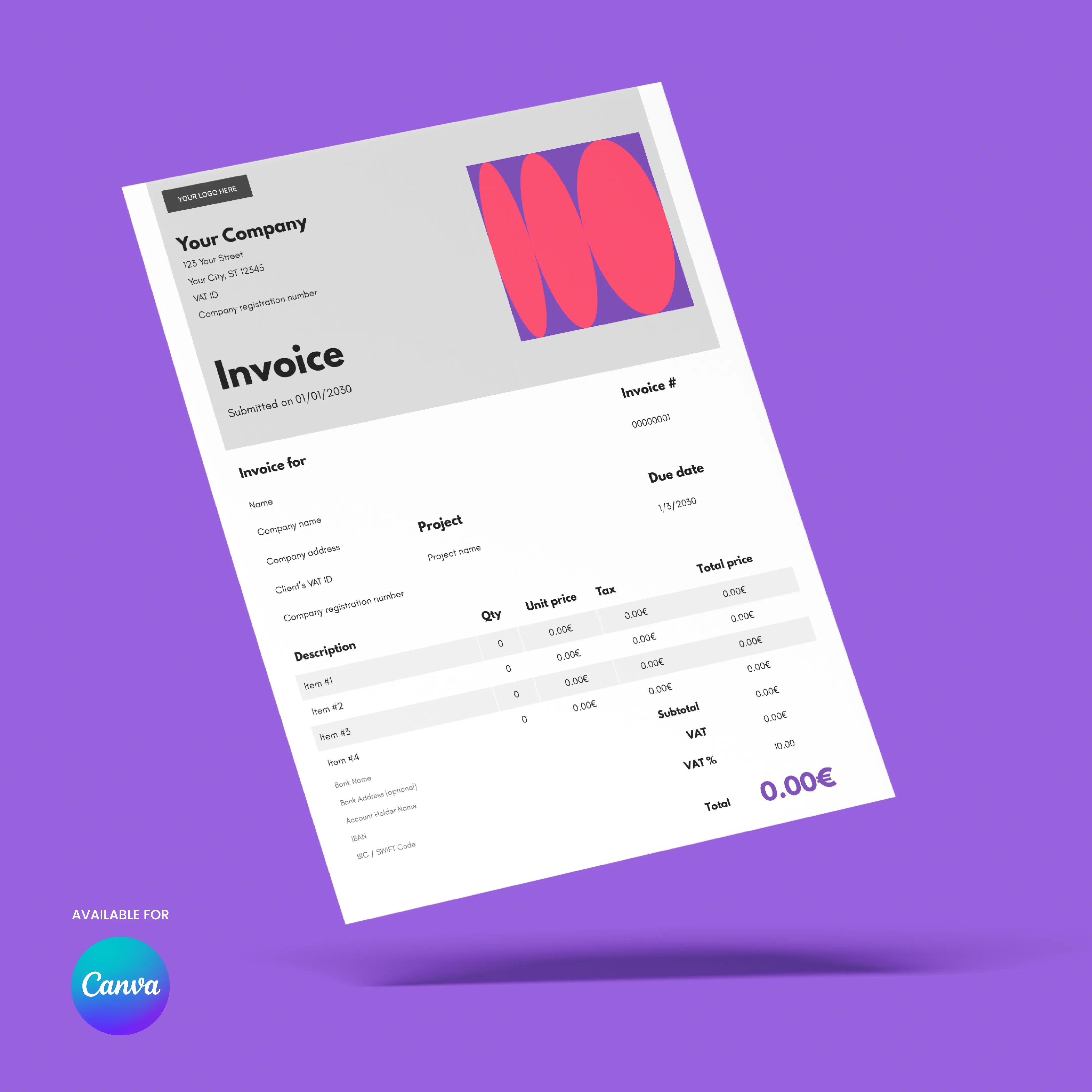 A digital invoice with company info, abstract logo, itemized charges, and 0.00€ balance appears on purple. The Canva logo shows that the Bold Invoice Template (EU & US Versions) | Editable Canva Format by Forma 10 suits modern businesses.