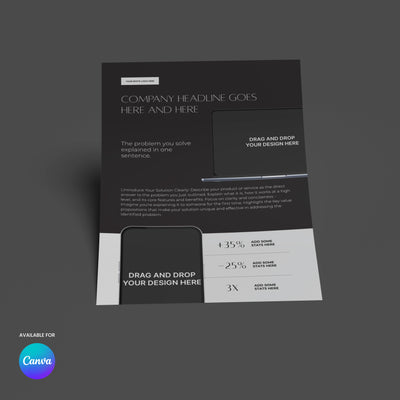 The One-Pager Template for Canva - Forma 60 Collection features a dark gray background, editable headline, description, stats, and two image spaces with the Canva logo—ideal for creating business flyers as a one-pager in Canva.
