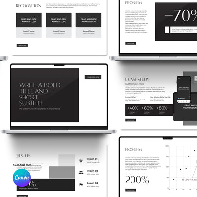 Showcasing the Sales Deck Template for Canva – Forma 60 Collection by More By Us | The Brand Store: elegant, minimalist slides with award, case study, and stat sections—ideal for creatives and luxury brands seeking a refined presentation.