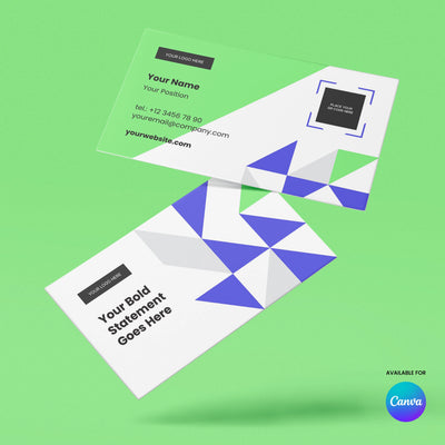 The Business Card Template for Canva from the Forma 40 Collection by More By Us | The Brand Store showcases two editable cards with bold blue triangles, geometric modern design, and green-white contact details. Canva logo appears in the corner.