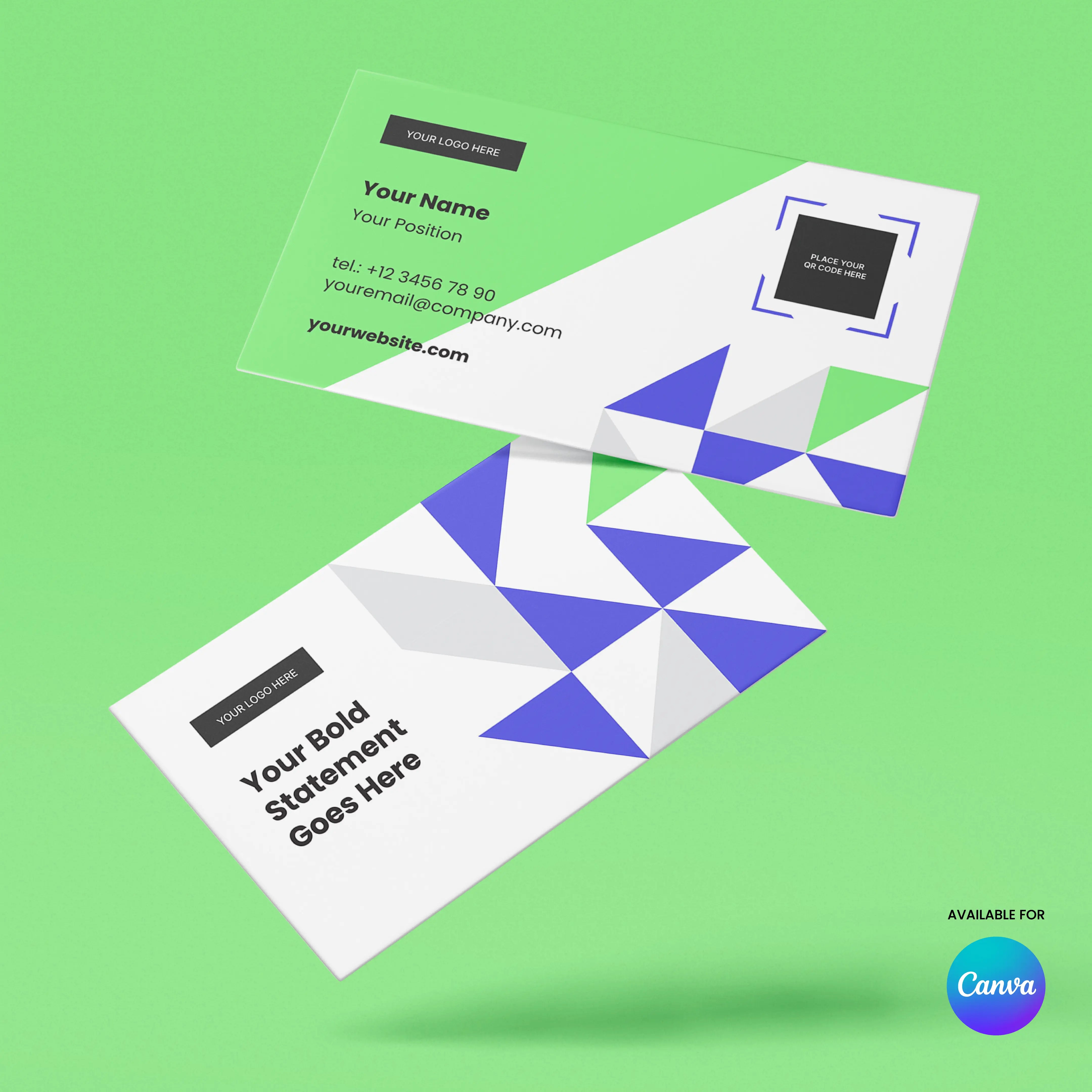 The Business Card Template for Canva | Forma 40 Collection includes two geometric designs—one green, one white with blue triangles—both editable in Canva with spots for a logo, name, contact info, bold statement, and the Canva logo.