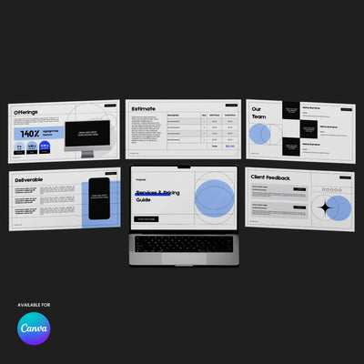 A laptop is surrounded by six screens showcasing the editable Proposal Deck Template for Canva—Forma 20 Collection by More By Us | The Brand Store, with sections like offerings, pricing, team, and client feedback. Canva logo is in the lower left corner.