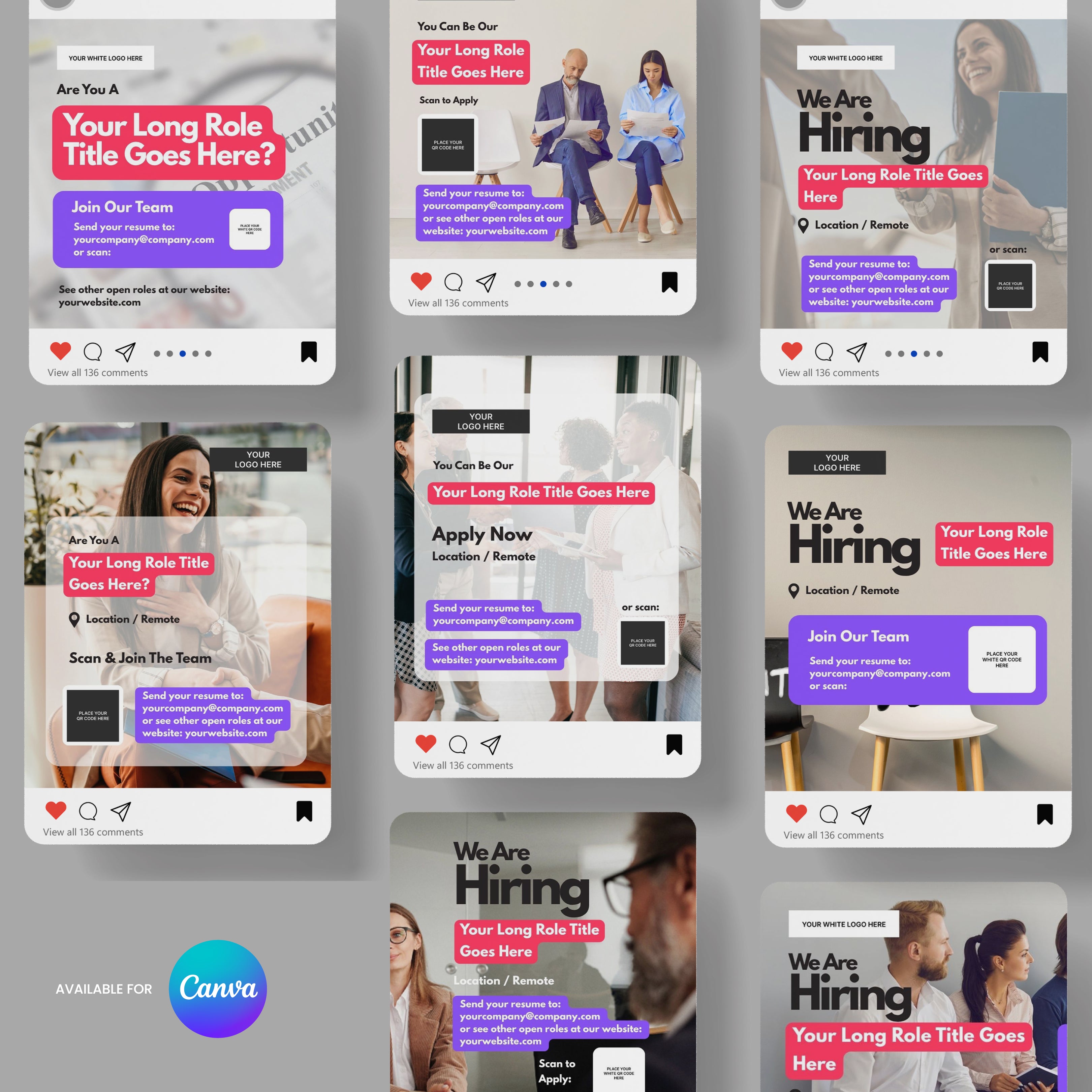 The Social Media Hiring Ad Templates for Canva - Forma 10 Collection features a 3x3 grid with diverse color schemes, job title, description, and location placeholders. Each editable ad includes comment/like icons and the Canva logo bottom left.