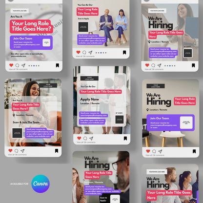 The Social Media Hiring Ad Templates for Canva - Forma 10 Collection features a 3x3 grid with diverse color schemes, job title, description, and location placeholders. Each editable ad includes comment/like icons and the Canva logo bottom left.