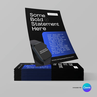 A stack of Flyer Template for Canva - Forma 30 Collection flyers by More By Us | The Brand Store is shown, featuring a bold black and blue design, white text, a smartwatch image, and an "Available for Canva" badge at the bottom right.