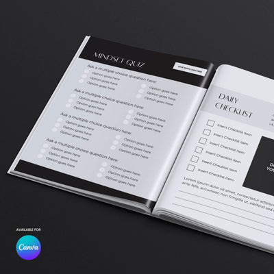 An open book shows a mindset quiz and daily checklist from the "Editable Workbook Template in Canva - Forma 60 Collection" by More By Us | The Brand Store, featuring custom layouts for learning and planning. Editable in Canva; Canva logo at bottom left.