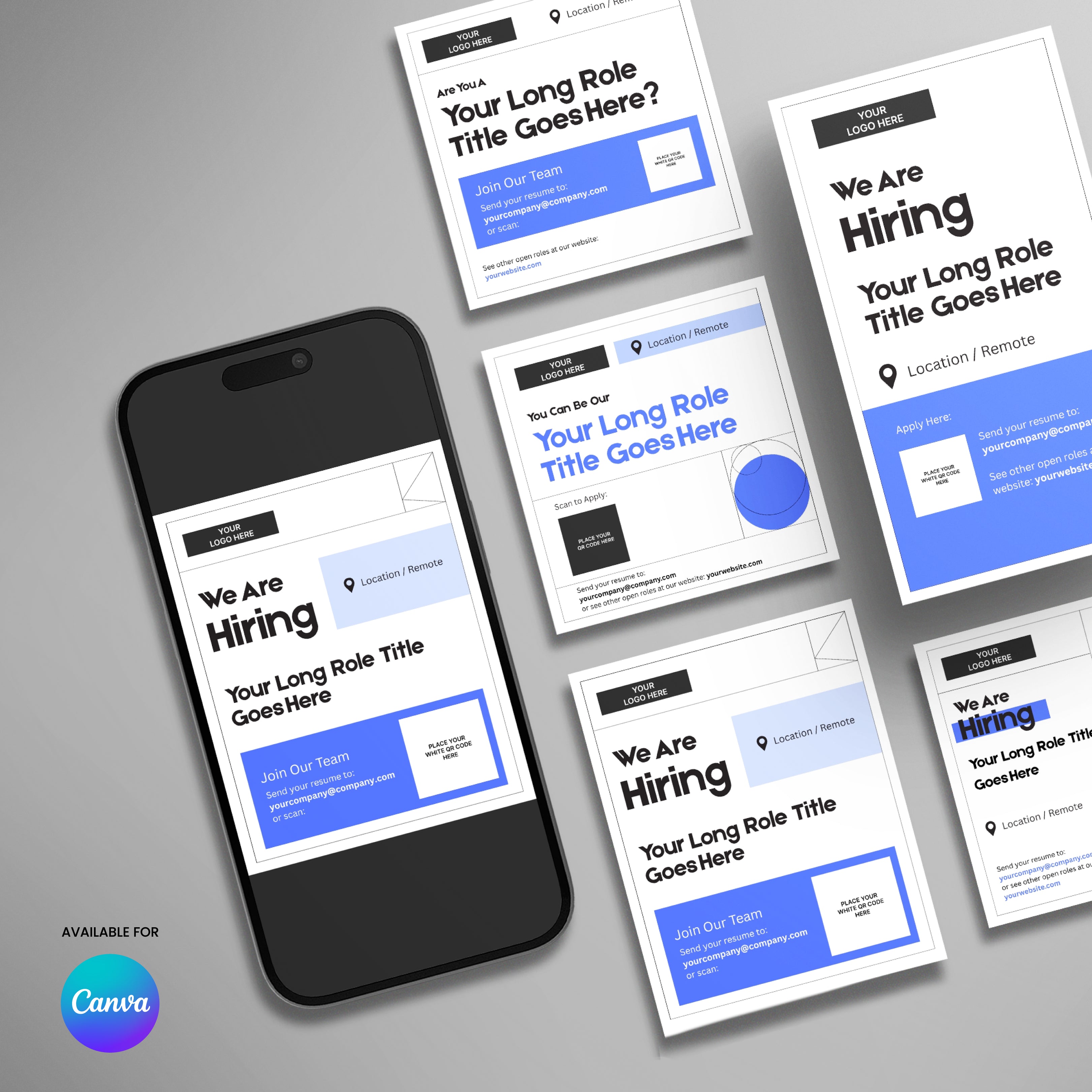 Showcase your job openings with the Social Media Hiring Ad Templates for Canva – Forma 20 Collection Blue Edition, featuring bold blue designs and customizable sections for role and location—ideal for digital recruiting or printed flyers.