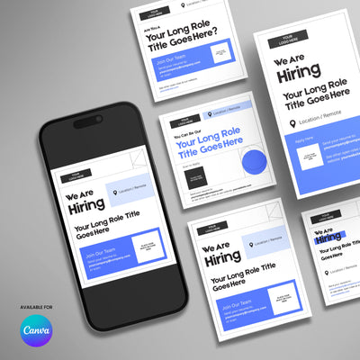 The Social Media Hiring Paid Ad Templates for Canva – Forma 20 Collection Blue Edition by More By Us | The Brand Store appear on a smartphone and printed cards, featuring blue and black accents, text boxes, and the Canva logo.