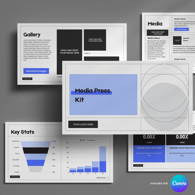 The Blue Media Press Kit Template for Canva from the Forma 20 Collection by More By Us | The Brand Store features Gallery, Media, and Key Stats sections, stylish charts, image placeholders, blue accents, and a Canva logo in the bottom right.
