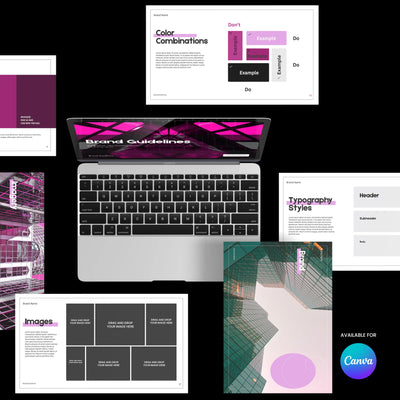 A laptop displays the "Modern Brand Identity Template | Canva Brand Guidelines Layout" by More By Us | The Brand Store, featuring editable brand guidelines like typography, color palettes, and cityscape graphics on Canva.