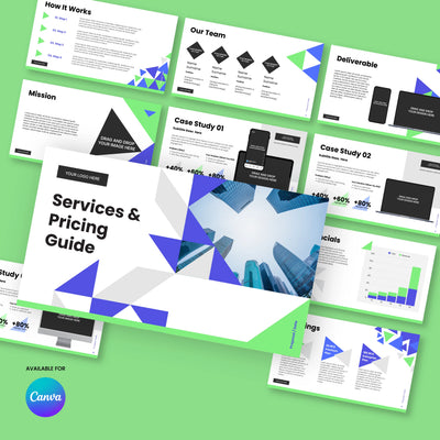 The Proposal Deck Template for Canva – Forma 40 Collection by More By Us | The Brand Store features 10 editable B2B slides with geometric designs, charts, and layouts like Services Pricing Guide and Our Team on a green background. Canva branding included.