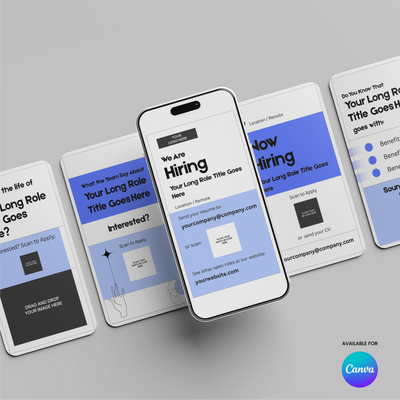 Five smartphones display the Blue Hiring Social Media Story Templates for Canva – Forma 20 Collection by More By Us | The Brand Store, featuring blue, white, and gray layouts with "We Are Hiring" text and forms; Canva logo on the bottom right.