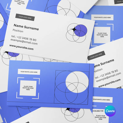 The Minimal Business Card Template | Editable in Canva, Forma 20 Style by More By Us | The Brand Store features blue and white geometric cards and envelopes with editable text, logo, and website—shown flat with the Canva logo in the corner.