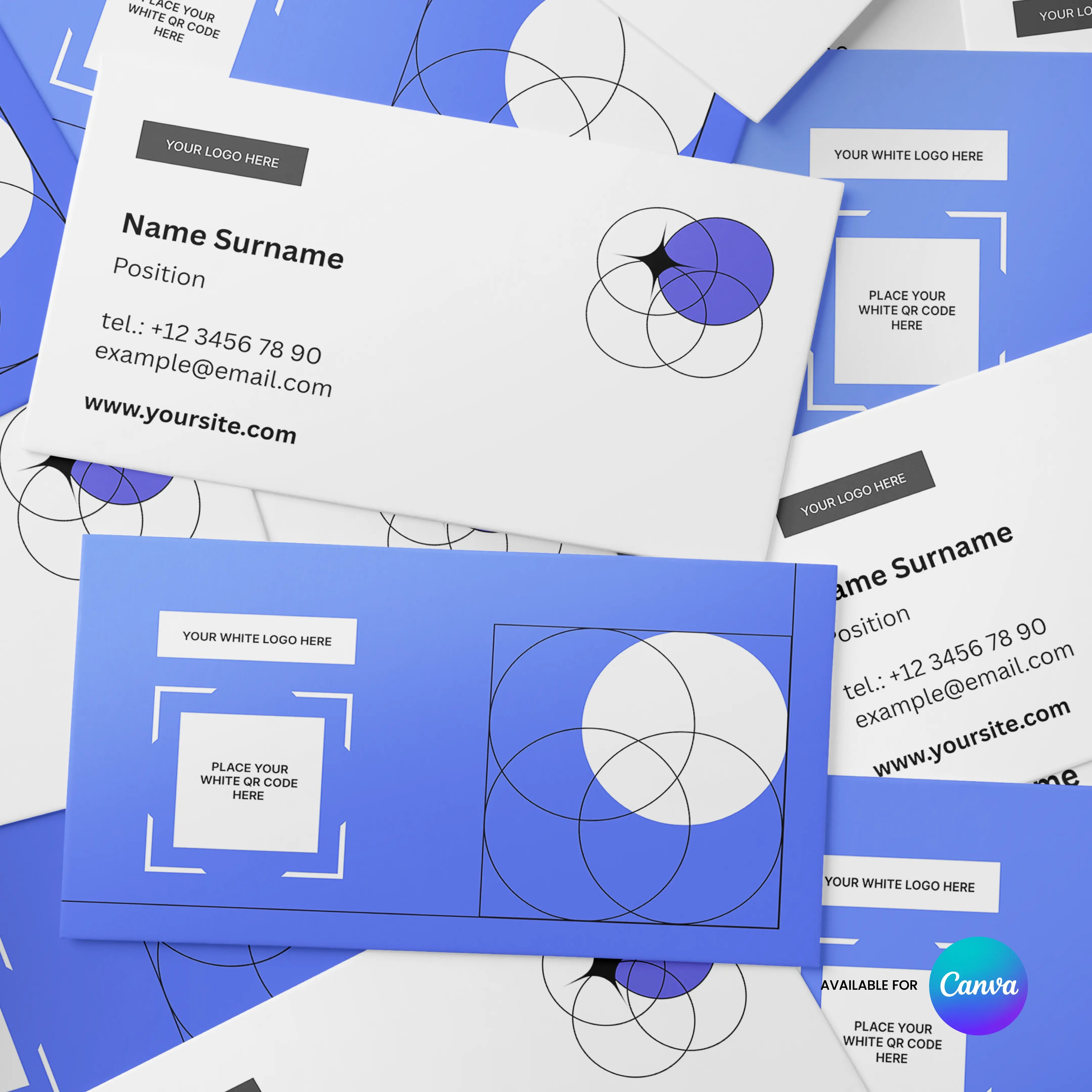 Minimal Business Card Template | Editable in Canva, Forma 20 Style features a flat lay of business cards and envelopes in blue, white, and black with abstract geometric designs—ideal as an editable business card or template.