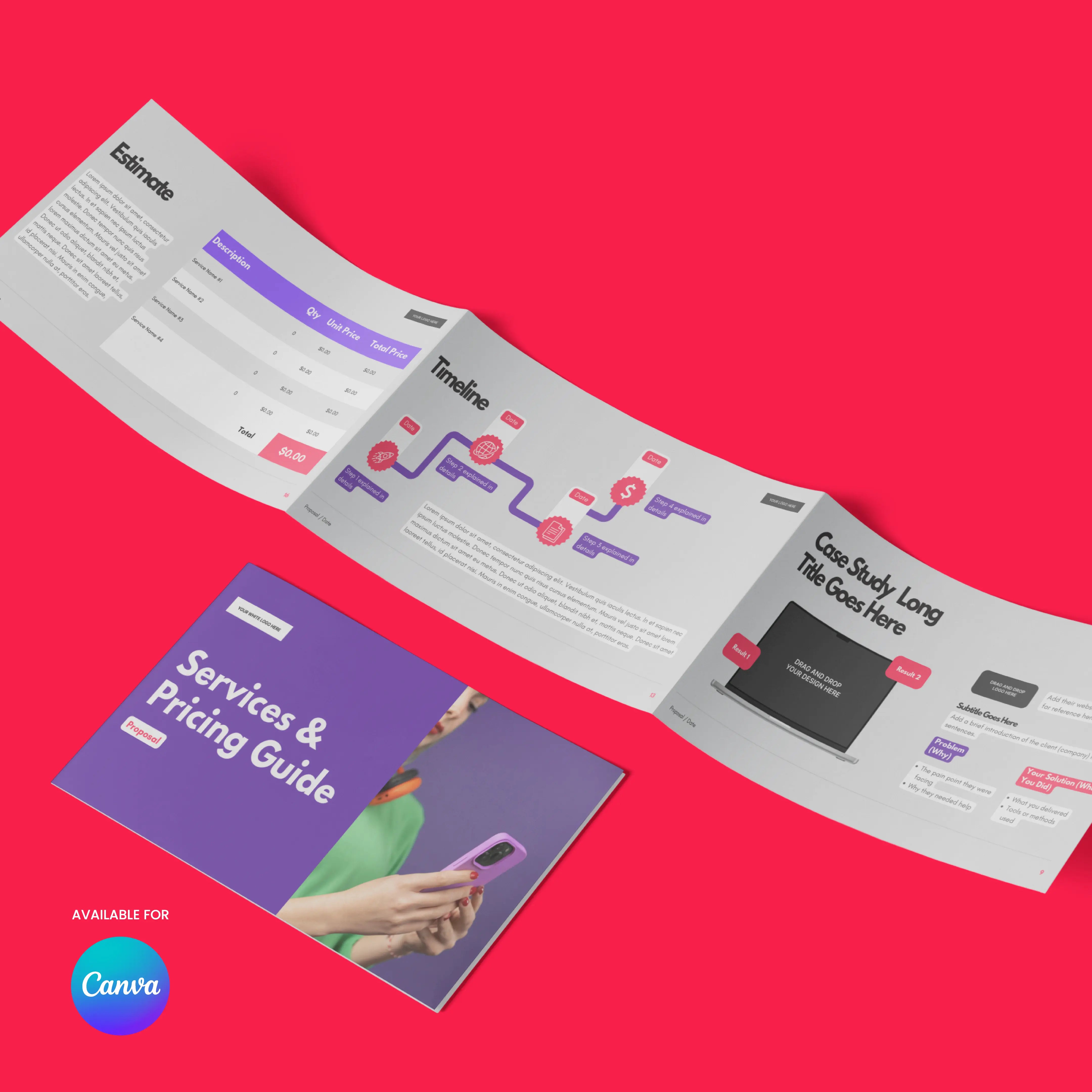 A folded Service Proposal & Pricing Presentation | Canva Template (Forma 10 Collection) brochure rests on a bright pink surface. The open pages show Estimate, Timeline, and Case Study with charts and tables. Canva logo appears in the corner.