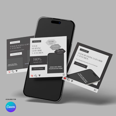A smartphone shows three overlapping grayscale "Social Media Paid Ad Templates for Canva - Forma 60 Collection" with sample headlines, placeholder images, text boxes, icons, and the Canva logo in the lower left corner.
