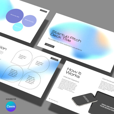 The Canva Pitch Deck Template – Forma 50 Aurora Minimal Design showcases modern blue and white slides with charts, text, and a phone mockup, arranged on a flat surface. "Available for Canva" highlights this versatile pitch deck template.