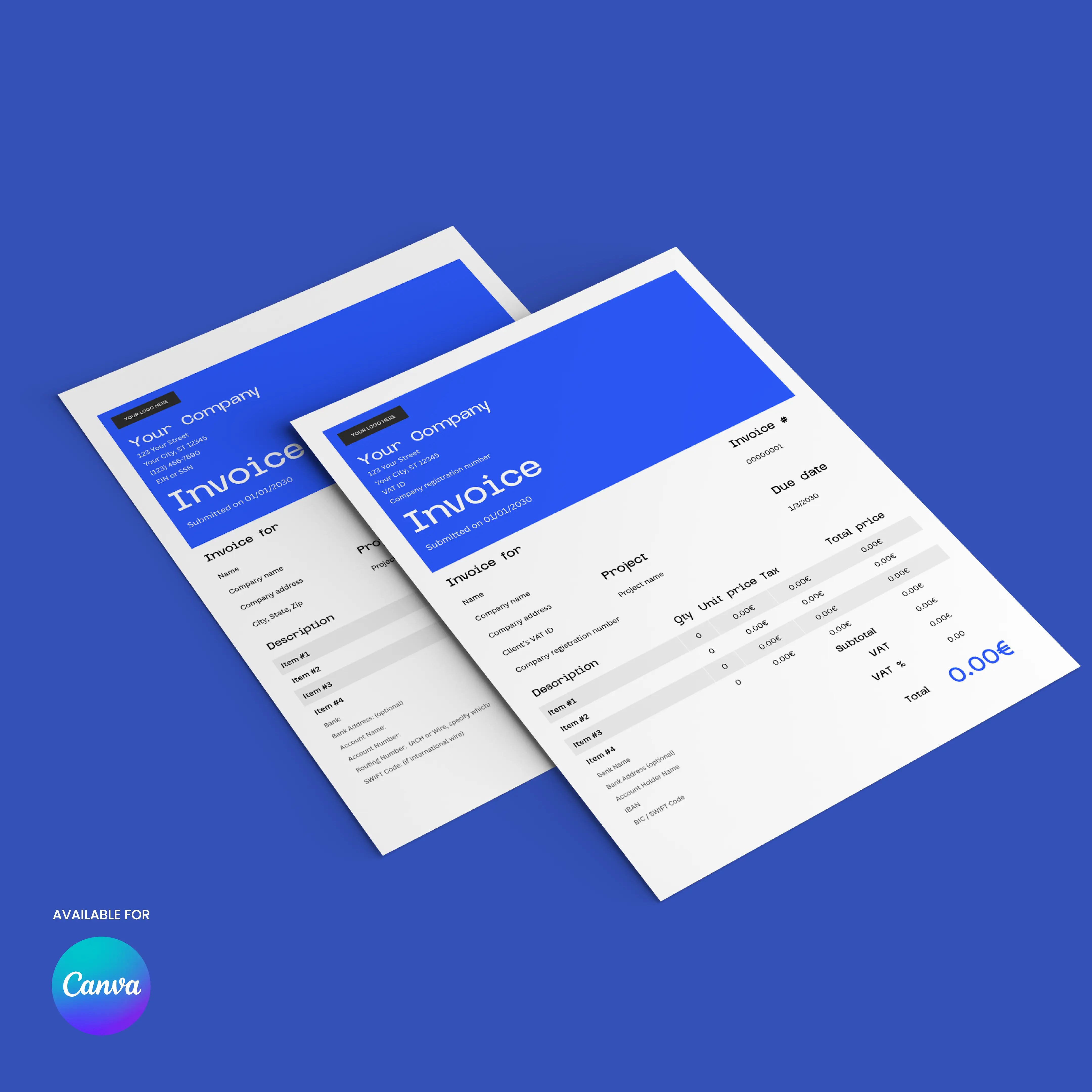 Two printed invoices from the Invoice Template – Forma 30 Edition | Canva Editable (US & EU Formats) are shown on a blue surface. The modern design lists services, quantities, rates, and totals with a small Canva logo at the bottom left corner.