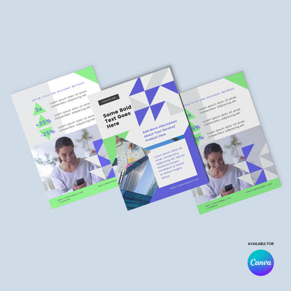 Editable Flyer Template for Canva from the Forma 40 Collection features geometric blue and green designs, business-focused layouts, and mockups with a smiling woman and swimming pool. Includes a Canva flyer template logo on a light blue background.