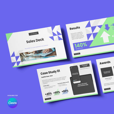 The Sales Deck Template for Canva – Forma 40 Collection by More By Us features bold geometric slides Sales Deck, Results, Case Study 01, Awards in green, purple, and gray on blue—perfect for startups and tech presentations.
