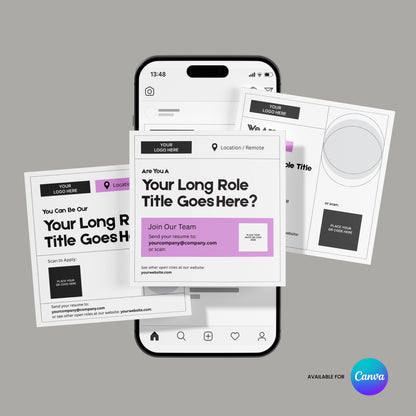 A digital graphic displays a smartphone with three overlapping Social Media Hiring Ad Templates for Canva – Forma 20 Collection Pink Edition, each featuring spaces for a logo, job title, description, and contact info, with the Canva logo in the bottom right corner.