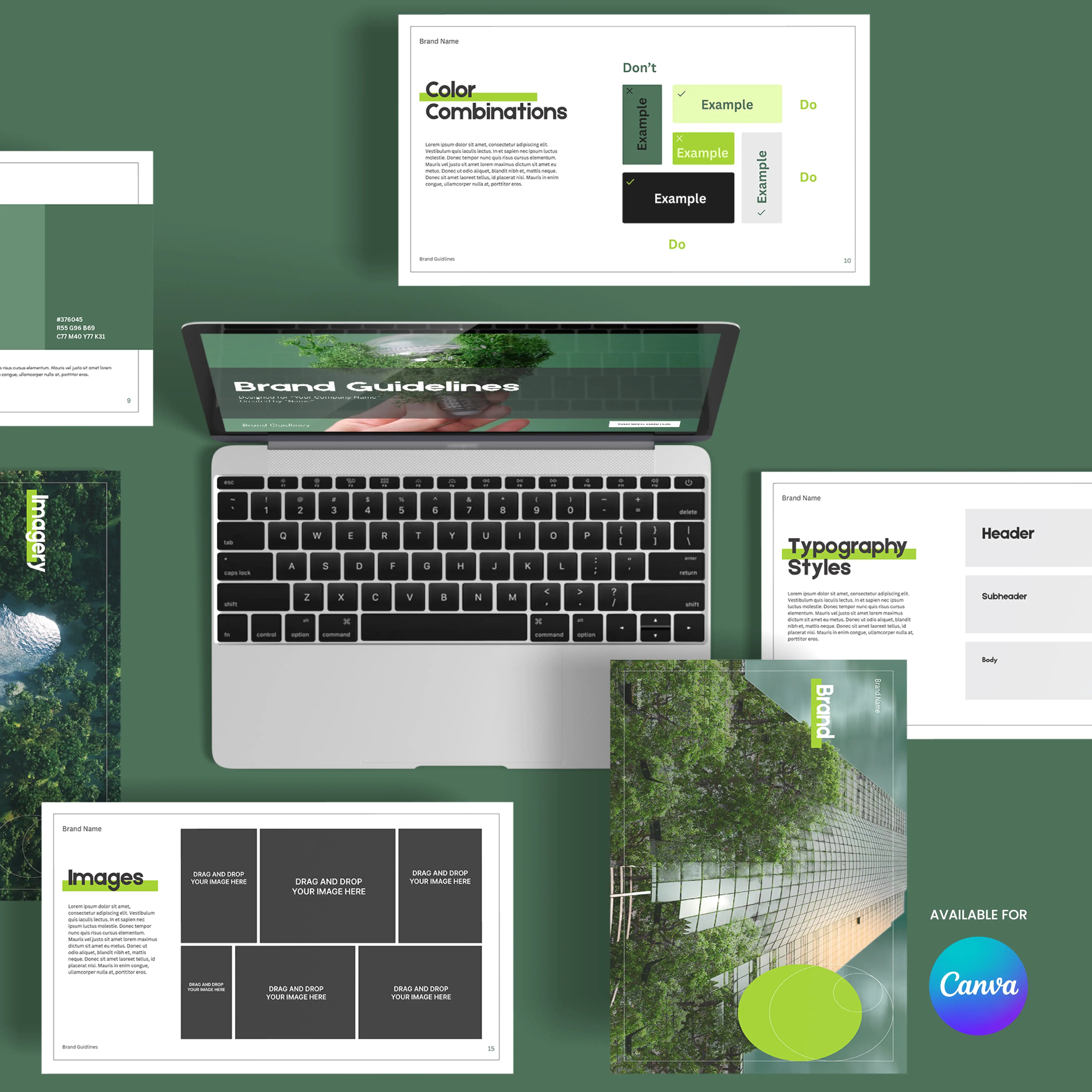 A laptop on a green surface is surrounded by brand book pages showing color combinations, typography, images, and cover designs. A badge notes this is the Brand Guidelines Template | Canva Editable, Green Minimal Style (Forma 20).