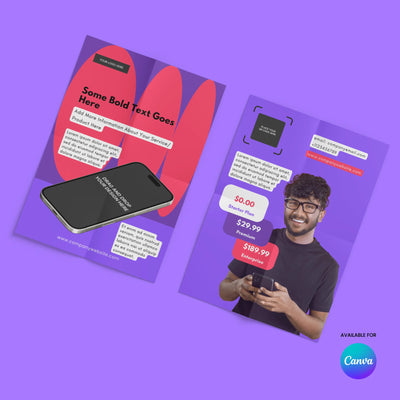 Showcase your app or SaaS launch with the Flyer Template for Canva - Forma 10 Collection by More By Us | The Brand Store: bold, editable promo designs featuring smartphone and user imagery. “Available for Canva” icon appears in the corner.