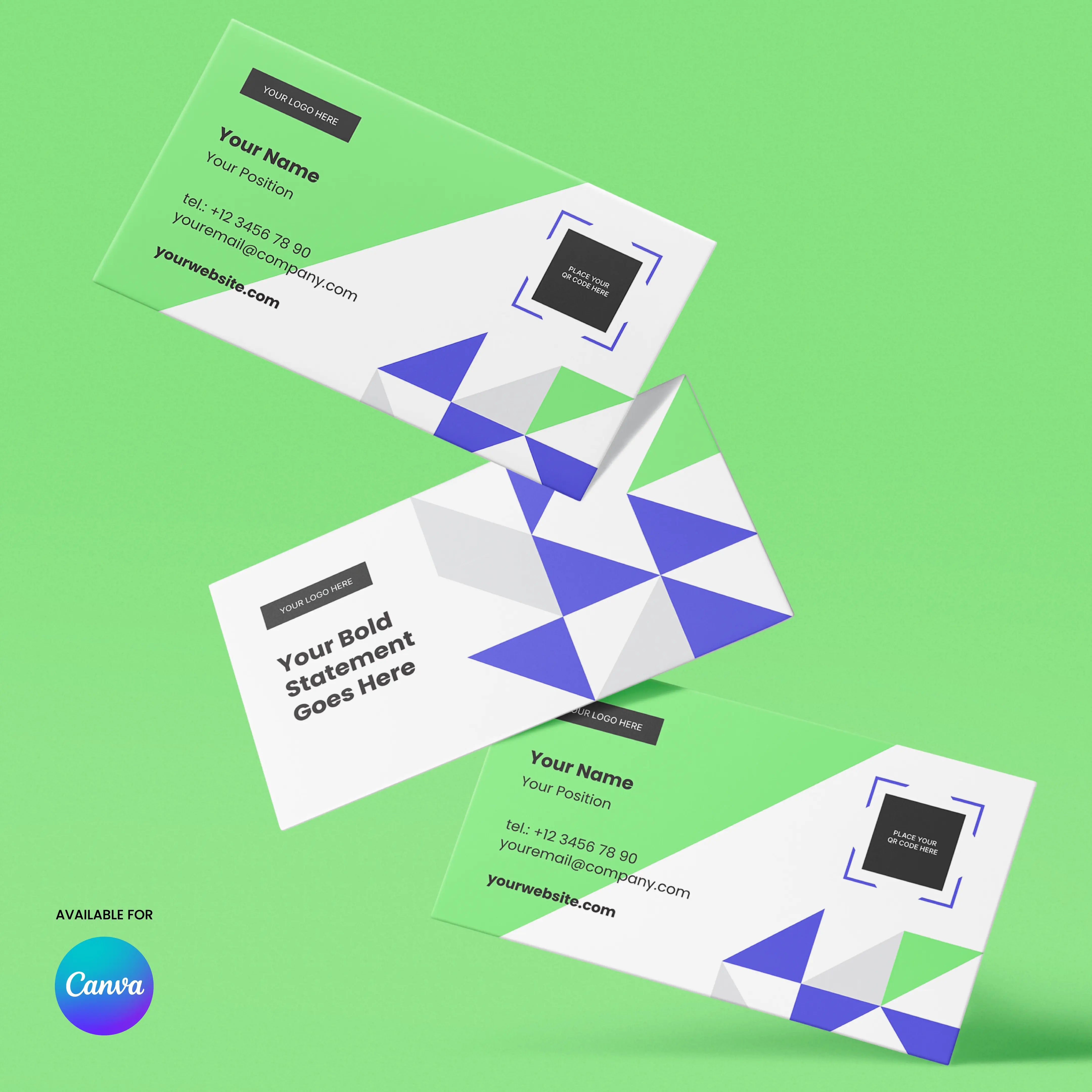 The Business Card Template for Canva from the Forma 40 Collection features three modern, geometric designs in green, white, and blue on a green background. Fully editable in Canva with placeholders for your details. Canva logo appears at the bottom left.