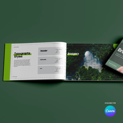 The Brand Guidelines Template | Canva Editable, Green Minimal Style (Forma 20) is shown open on a green surface with typography styles and a forest aerial photo, plus part of a closed booklet and the Available for Canva logo.