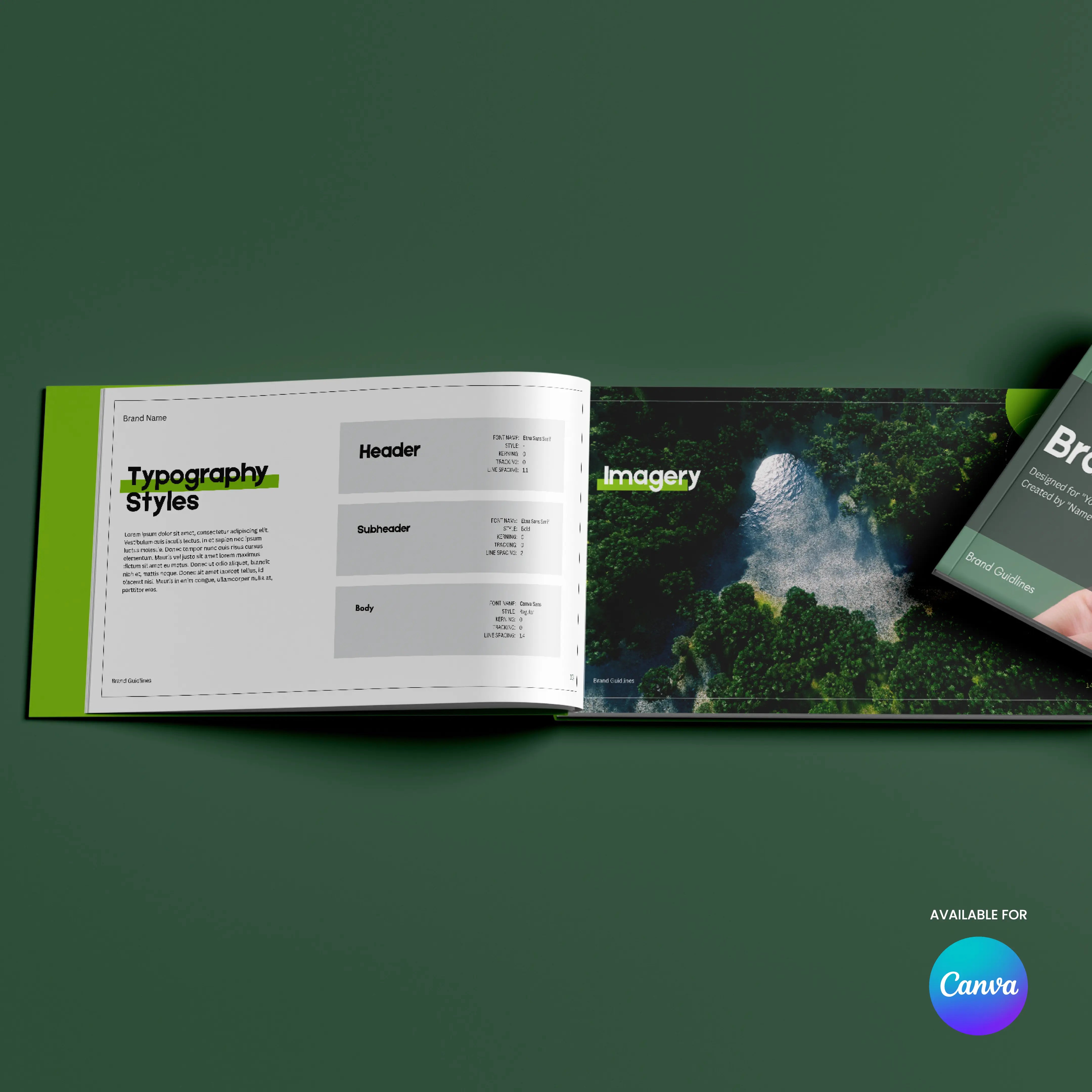 The Brand Guidelines Template | Canva Editable, Green Minimal Style (Forma 20) is shown open on a green surface with typography styles and a forest aerial photo, plus part of a closed booklet and the Available for Canva logo.